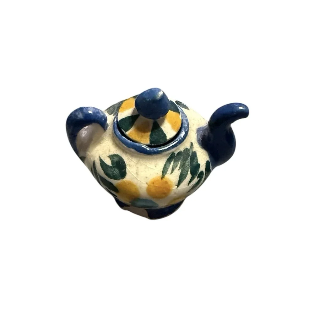 Handmade Ceramic Miniature Tea Set - Signed By Artist - Blue And Yellow - 10‎ Pc